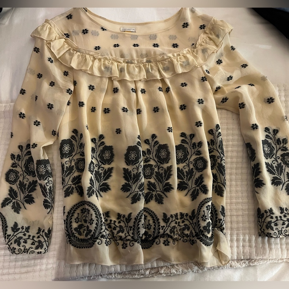 Anthropologie Floral Ruffle silk/poly blend Blouse, fully lined